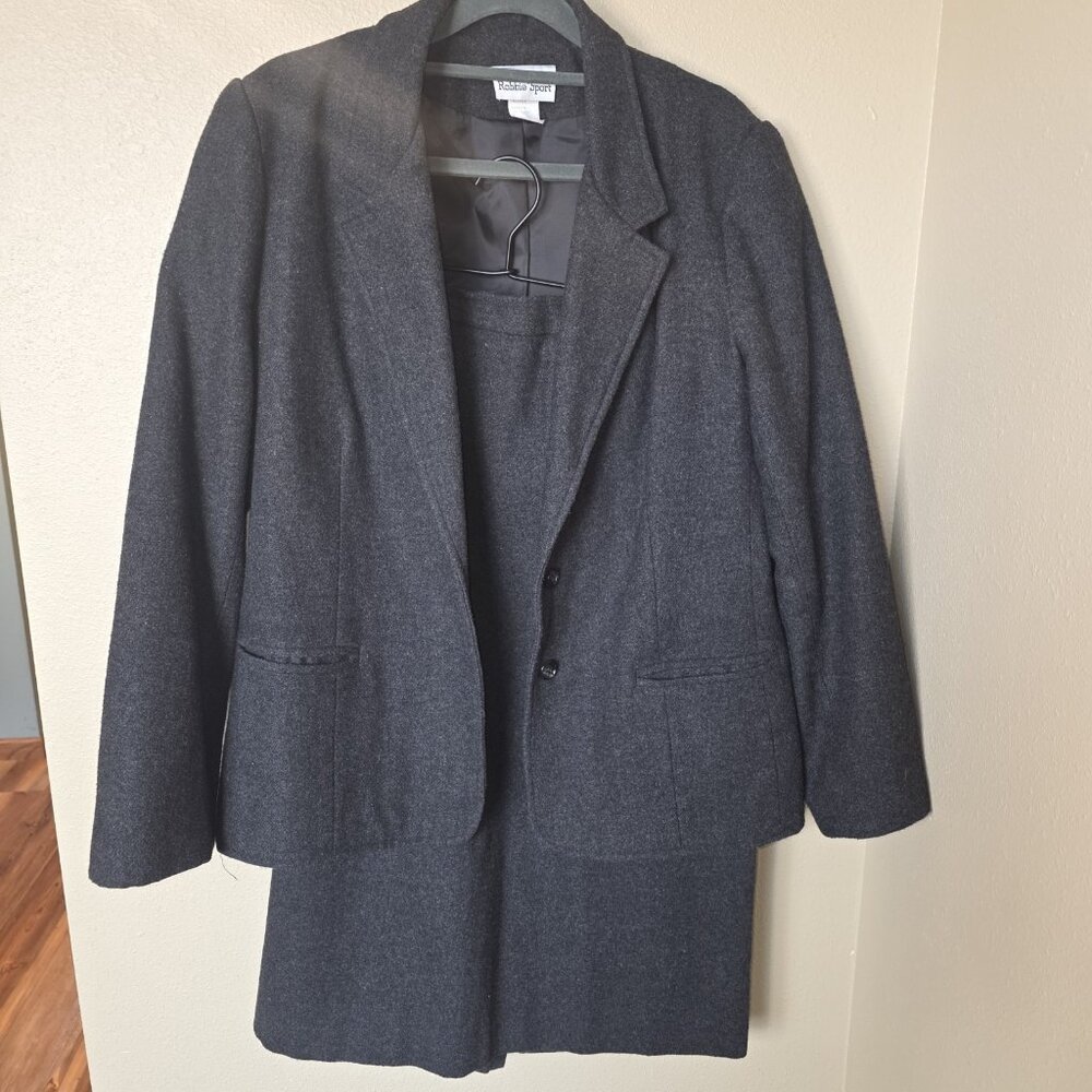 Vintage Robbie Sport Wool Skirt Suit Set 13/14 Gray 80s 90s Career Work Classic